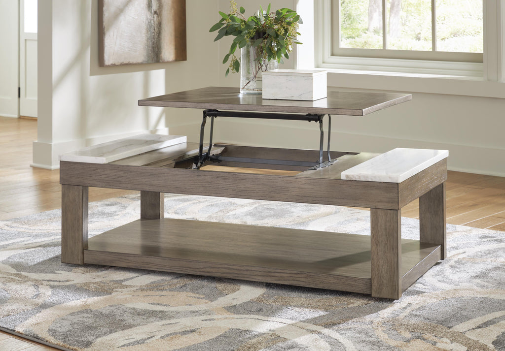 Loyaska Lift-Top Coffee Table in Grayish Brown/White, open view