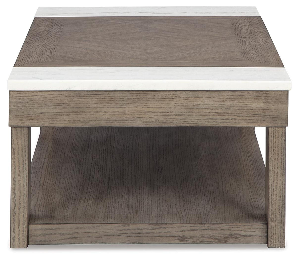 Loyaska Lift-Top Coffee Table in Grayish Brown/White, side view