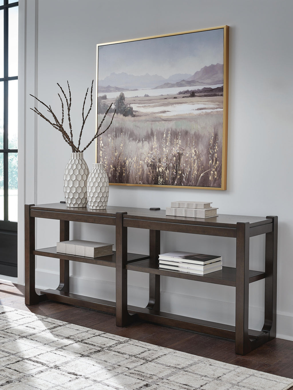 Breckington Sofa Table in Dark Brown, lifestyle view