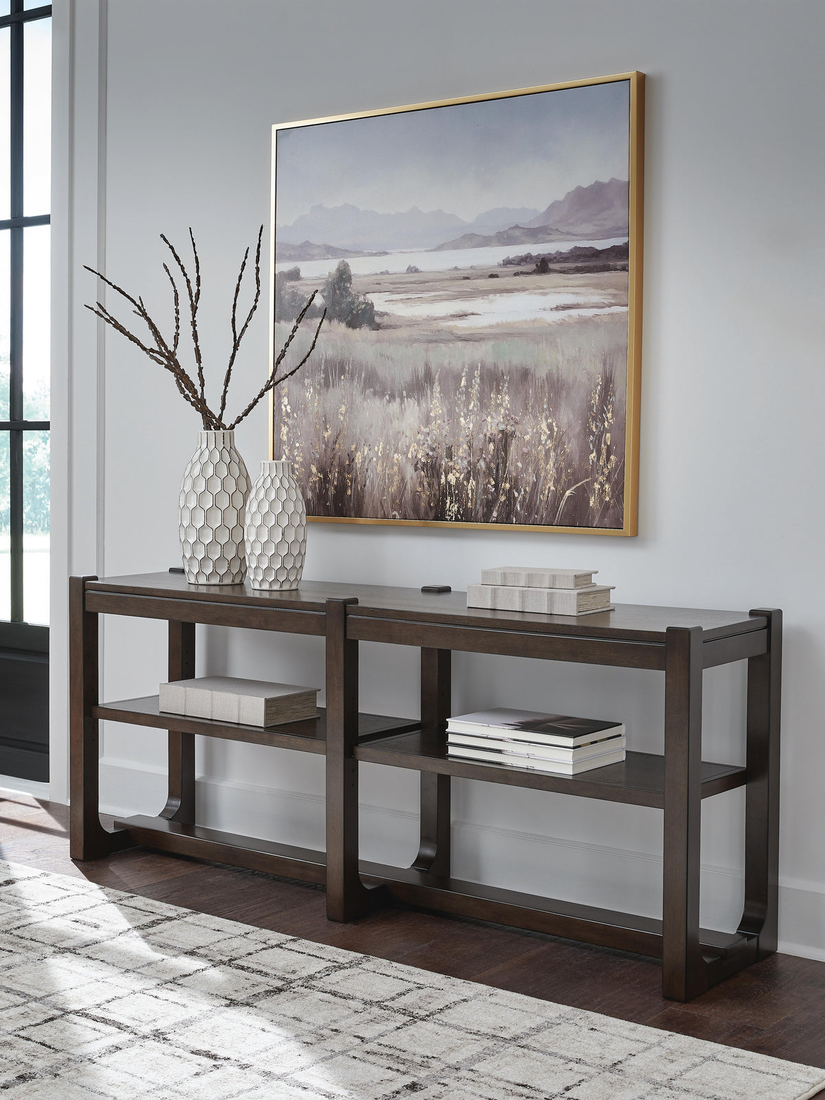 Breckington Sofa Table in Dark Brown, lifestyle view