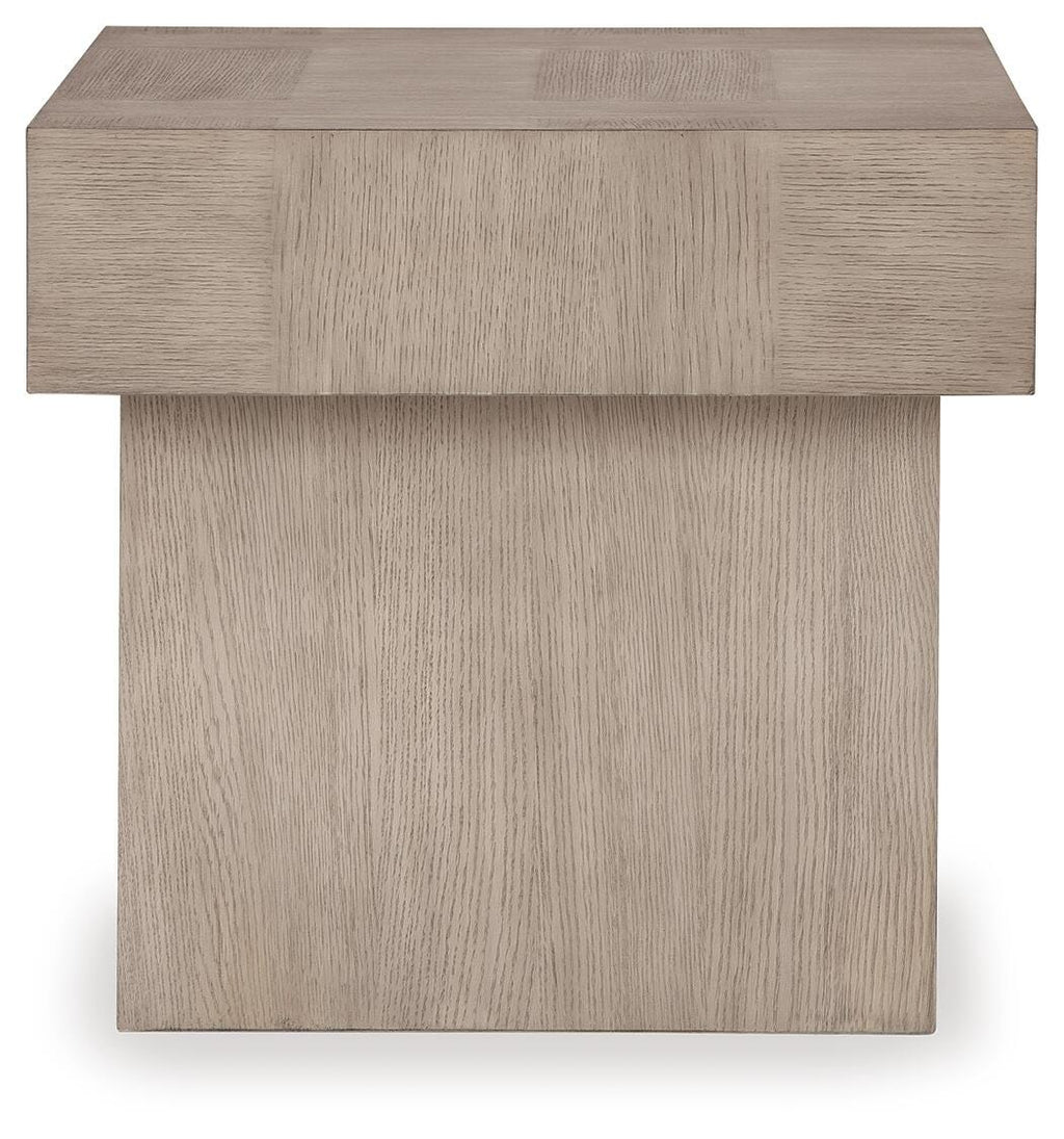 Jorlaina End Table in Light Grayish Brown, side view