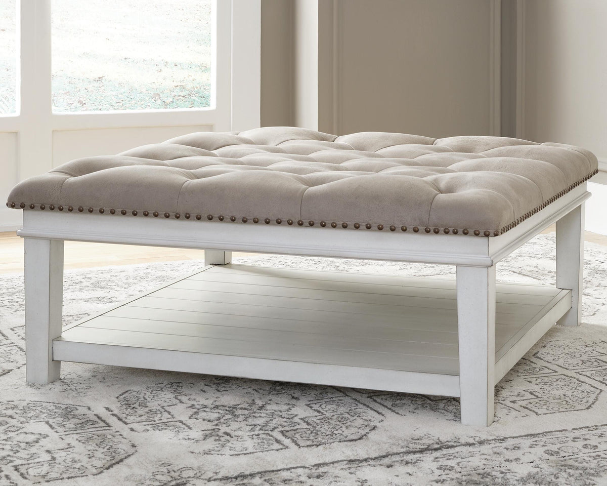 Kanwyn Upholstered Ottoman Coffee Table in Grayish Brown/White, lifestyle view