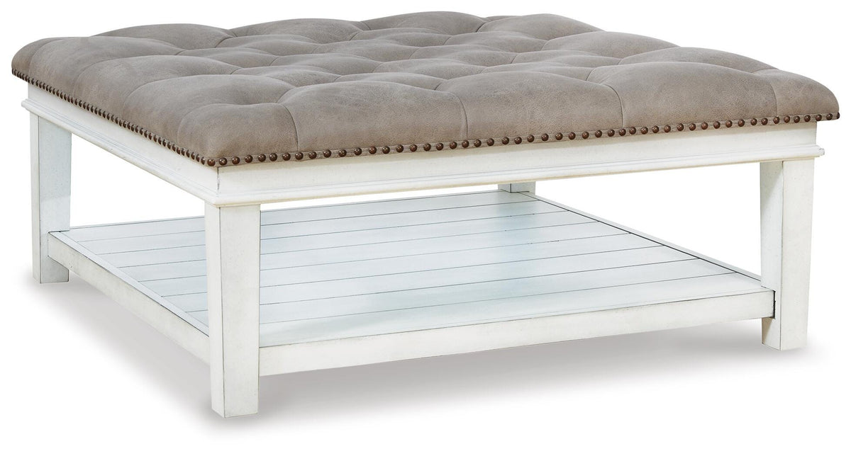 Kanwyn Upholstered Ottoman Coffee Table in Grayish Brown/White, angle view