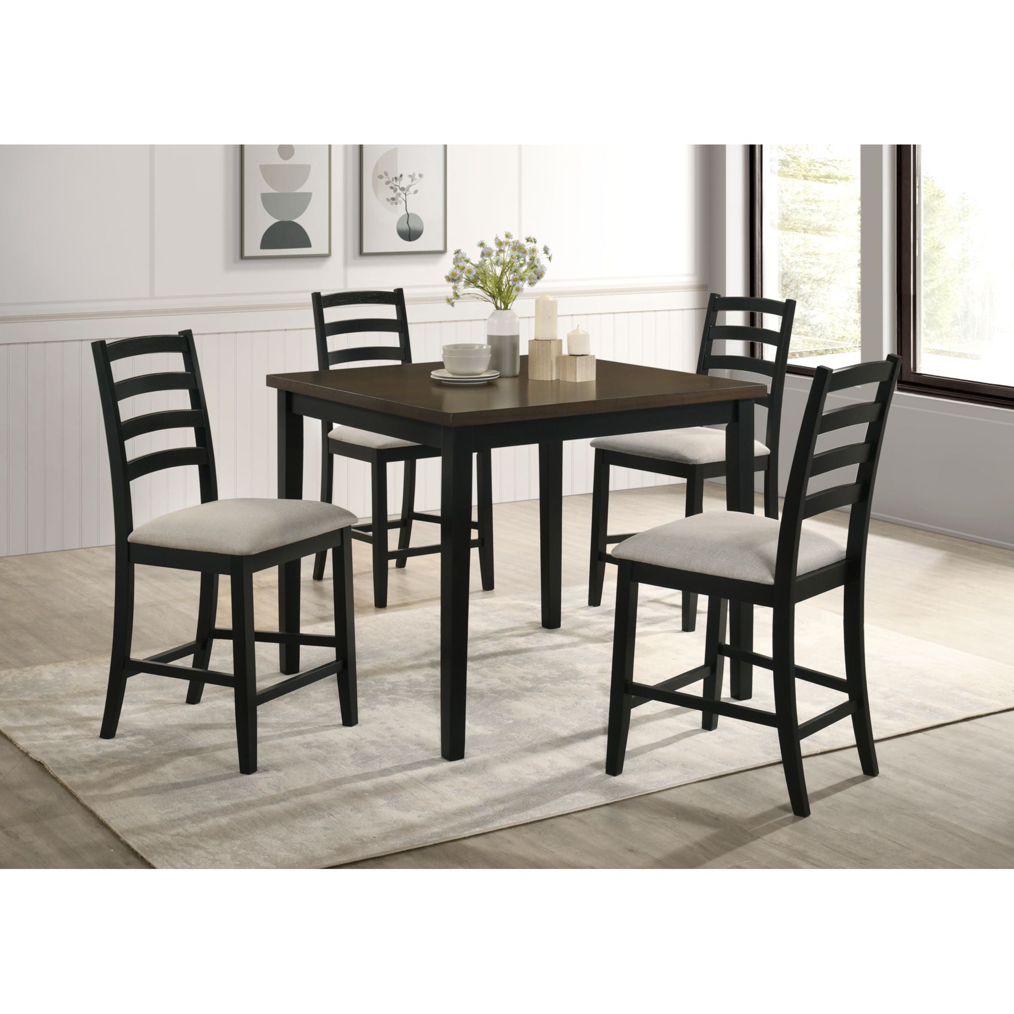 Tulane 5Pc Counter Table & 4 Counter Chairs With Beige Fabric In Oak & Black