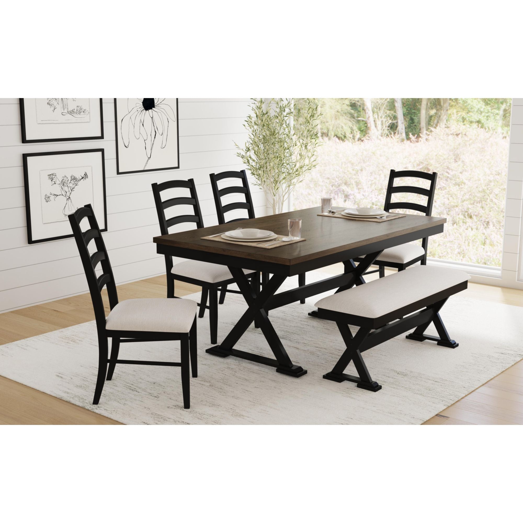Tulane 6Pc Dining Set With Table, 4 Chairs, And Bench In Oak And Black