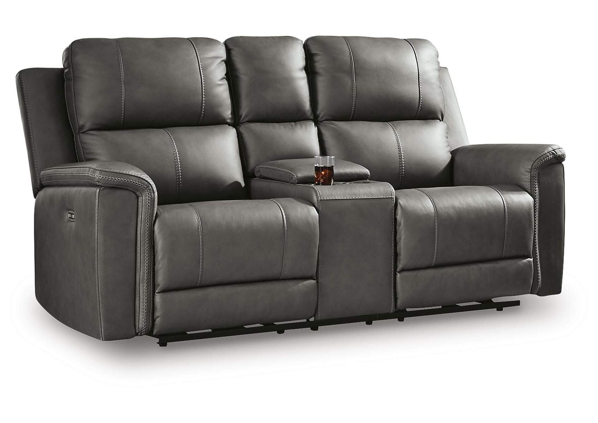 Beryton Leather Dual Power Reclining Sofa and Loveseat Set angled view