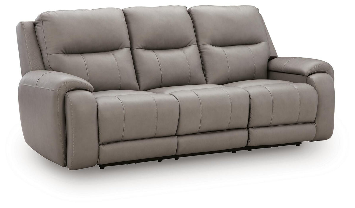 Real Moments Power Reclining Sofa with Audio Seating in Ash, closed view