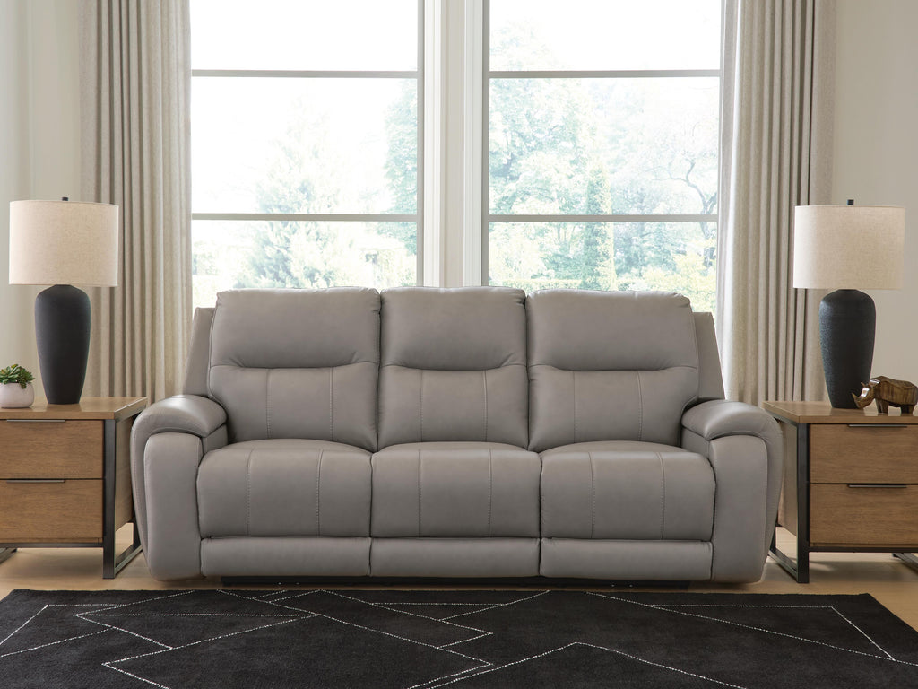 Real Moments Power Reclining Sofa with Audio Seating in Ash, closed view