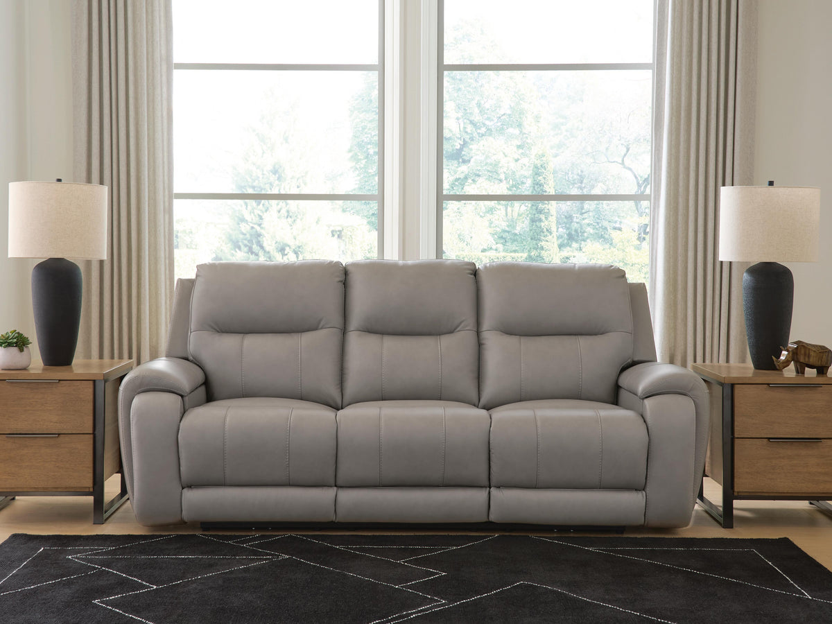 Real Moments Power Reclining Sofa with Audio Seating in Ash, closed view