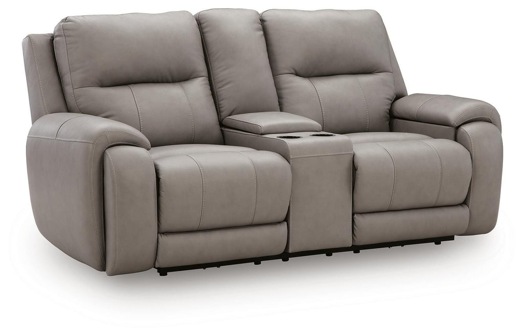 Real Moments Power Reclining Loveseat with Audio Seating in Ash, closed view