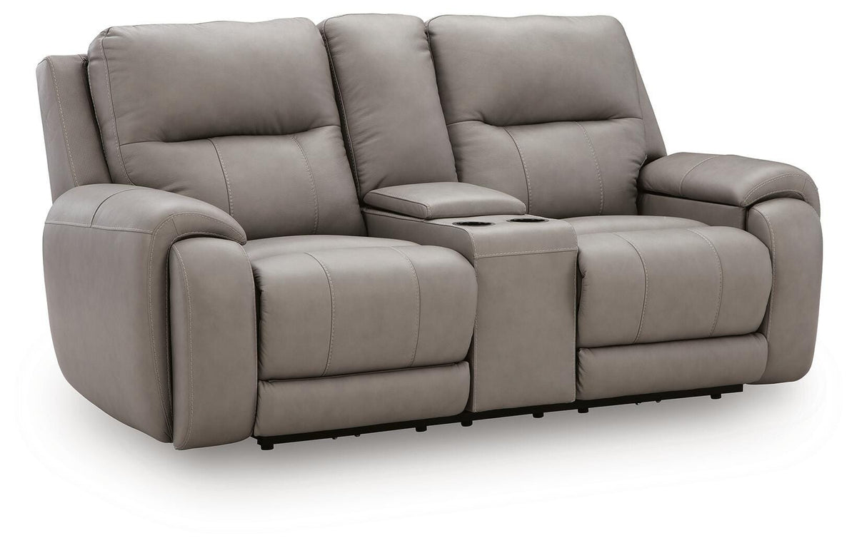 Real Moments Power Reclining Loveseat with Audio Seating in Ash, closed view