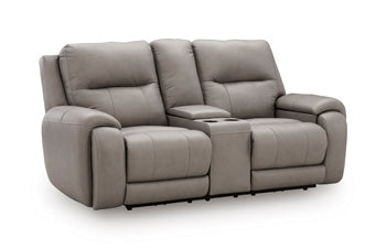 Real Moments Power Reclining Loveseat with Audio Seating in Ash, closed view