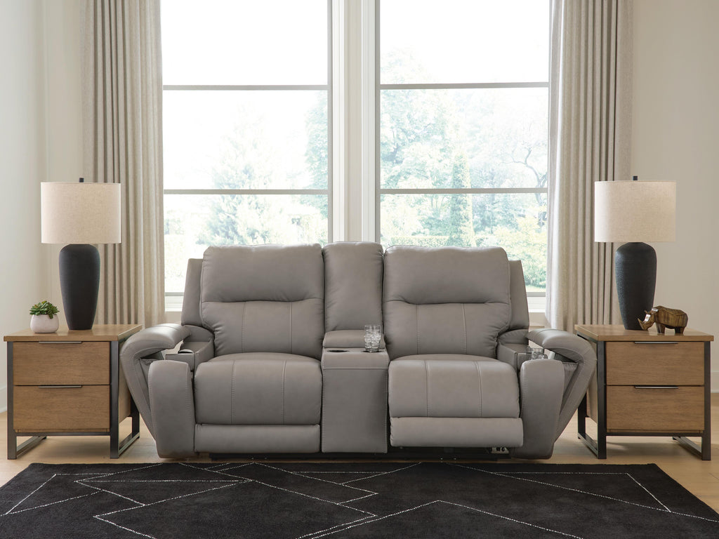 Real Moments Power Reclining Loveseat with Audio Seating in Ash, lifestyle view