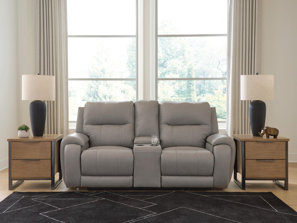 Real Moments Power Reclining Loveseat with Audio Seating in Ash, closed view