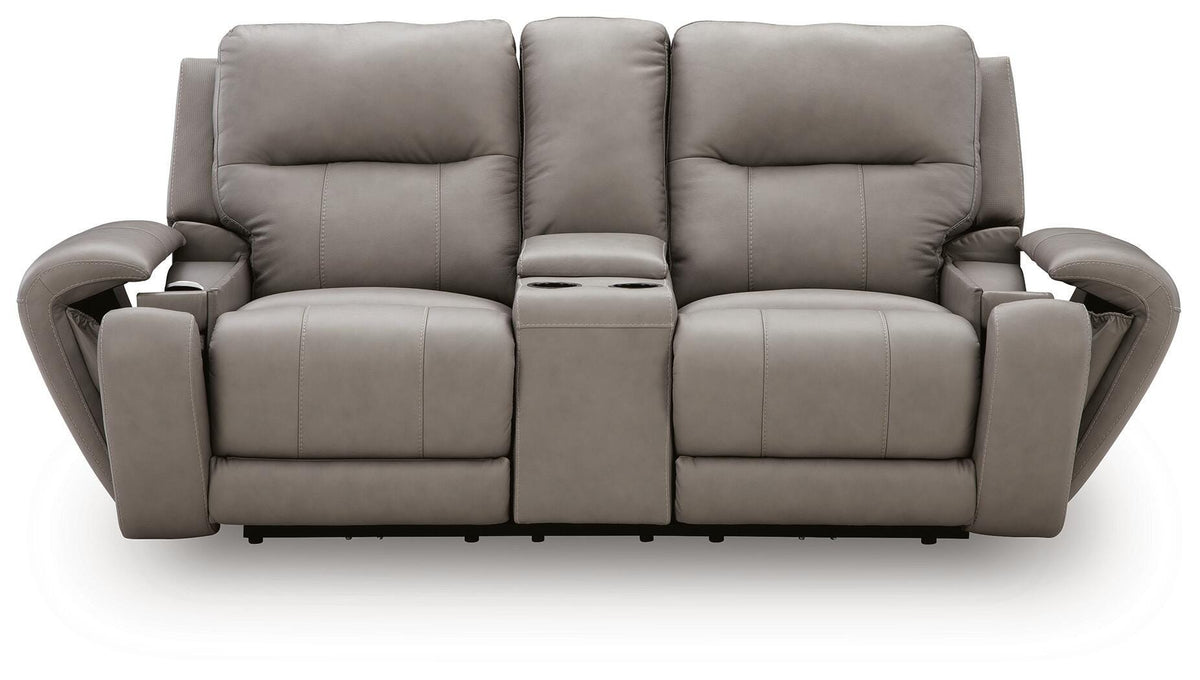 Real Moments Power Reclining Loveseat with Audio Seating in Ash, front view