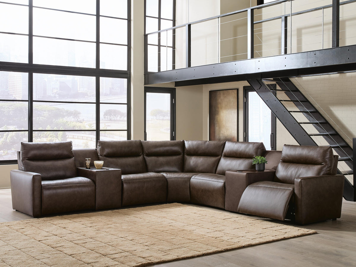 ModZ sectional, 7-Piece Power Reclining Sectional with Audio Consoles · 137 × 137 × 41 in, view 2