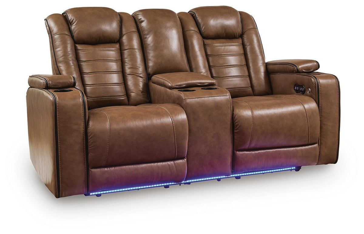 Gruaro Power Reclining Loveseat with Console in Amber, closed view