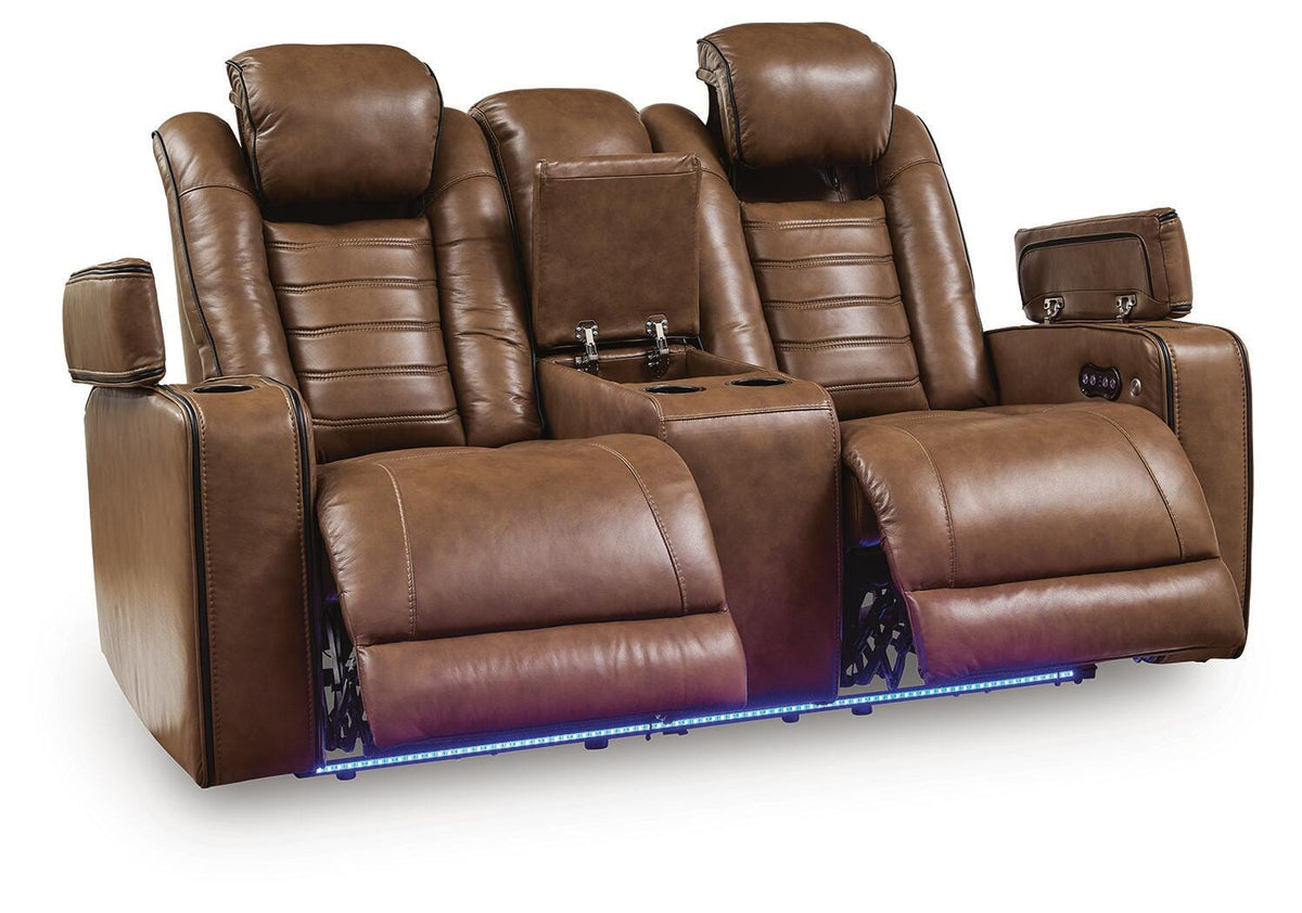 Gruaro Power Reclining Loveseat with Console in Amber, open view