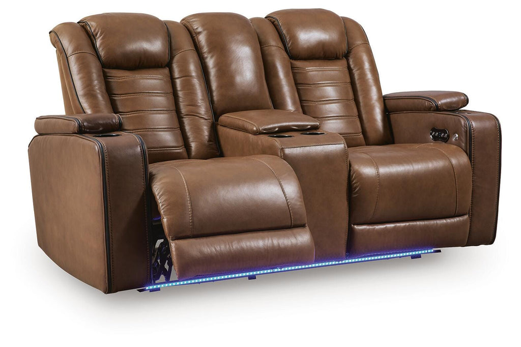 Gruaro Power Reclining Loveseat with Console in Amber, open view