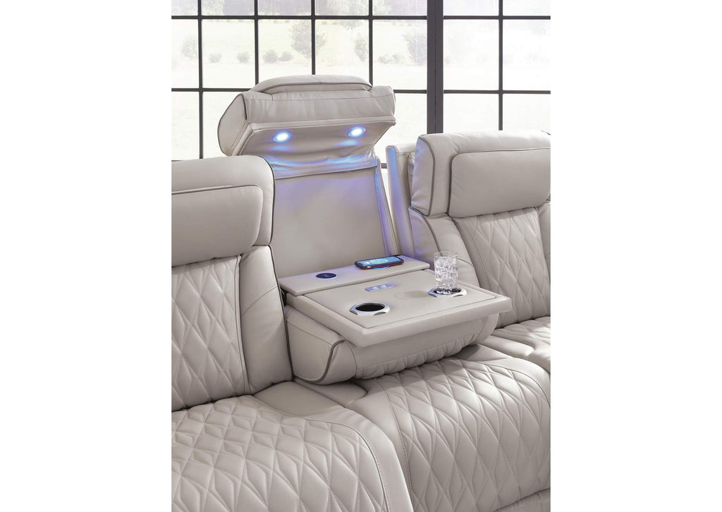 Boyington Dual Power Leather Sofa, Loveseat and Recliner detail