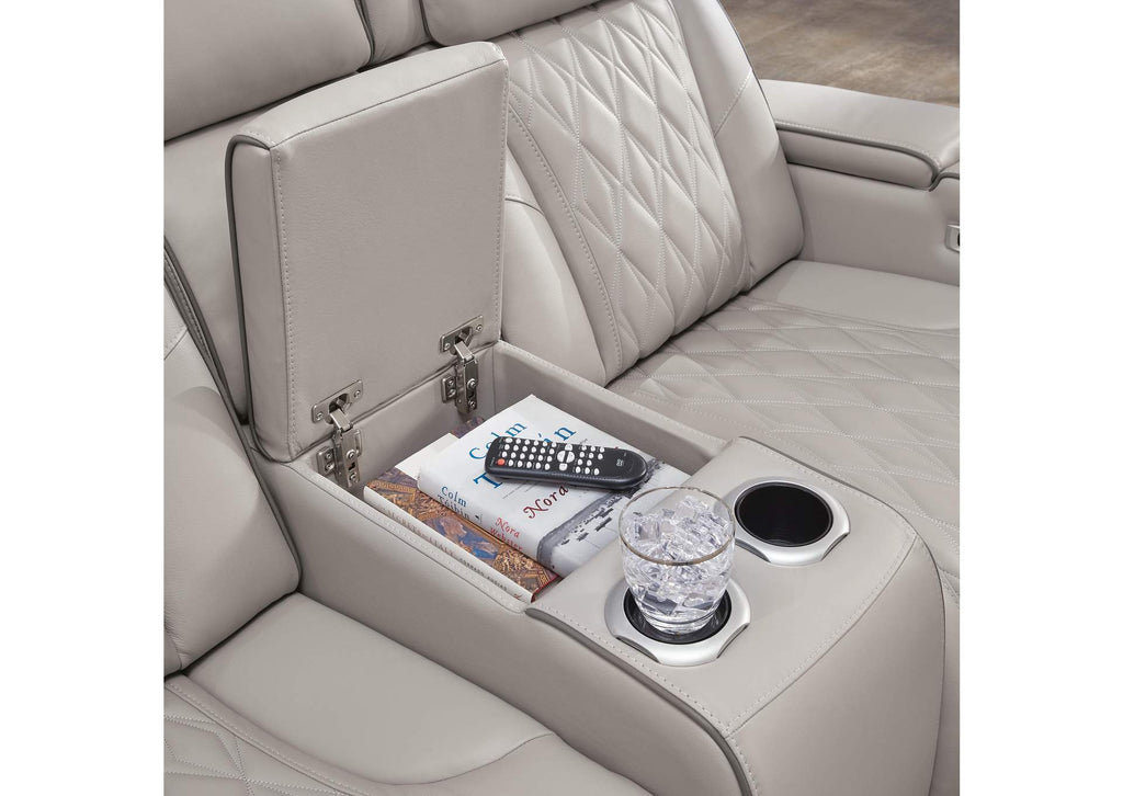 Boyington Dual Power Leather Sofa, Loveseat and Recliner detail
