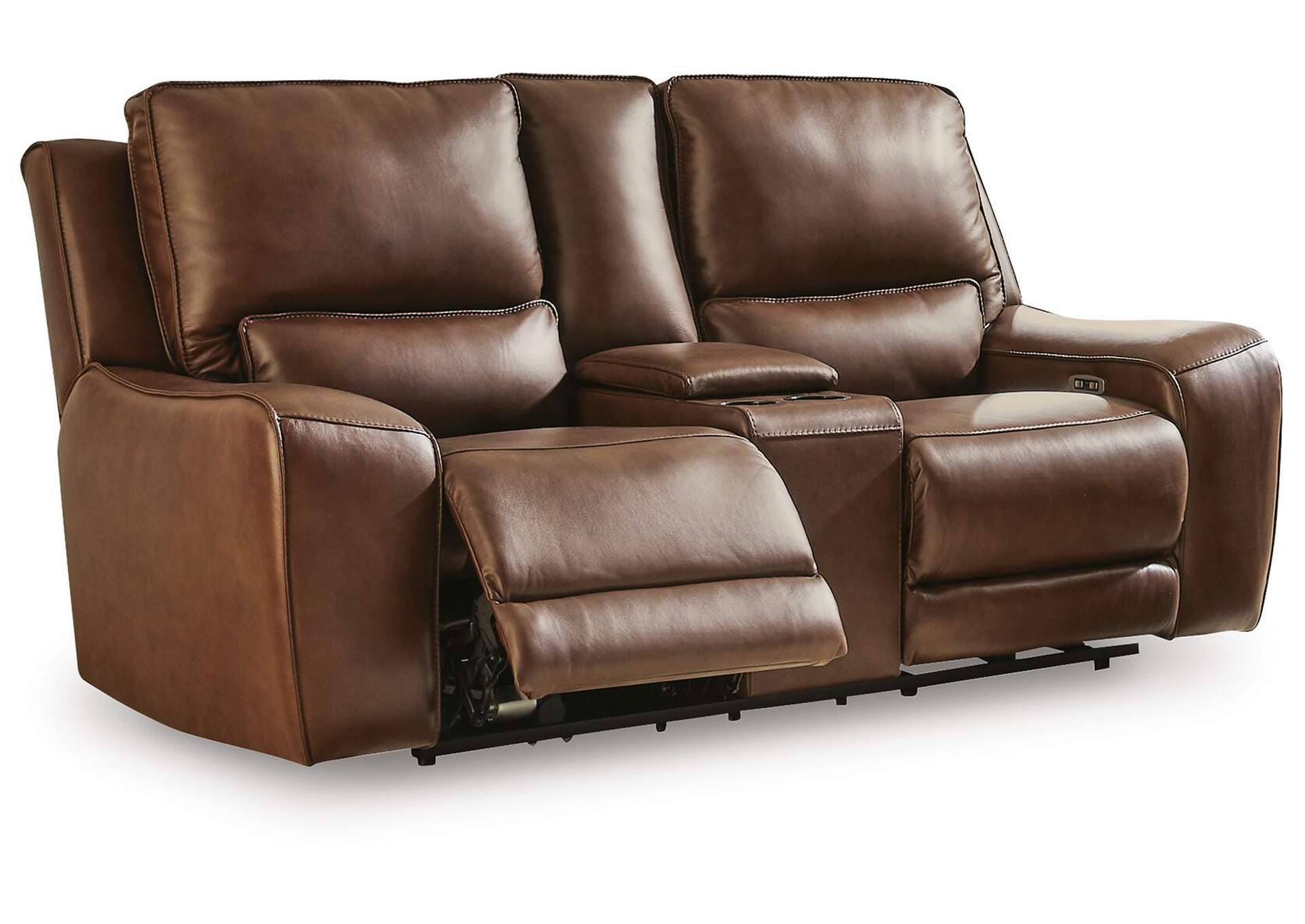 Silverbrooke Dual Power Leather Reclining Sofa and Loveseat angled view