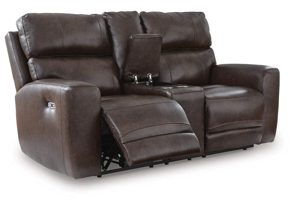 Crossplex Power Reclining Loveseat with Console angled view