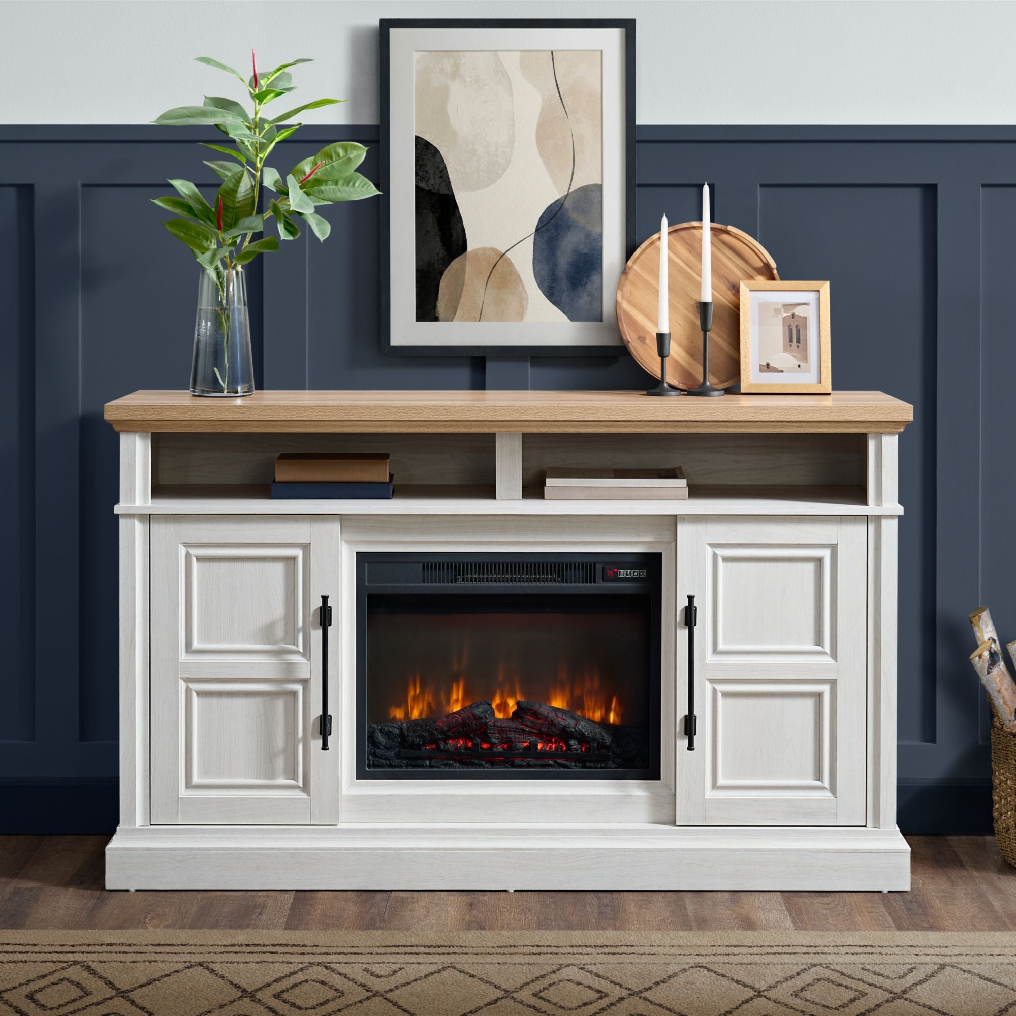 Villa Console With 23" Fireplace Insert In White & Natural