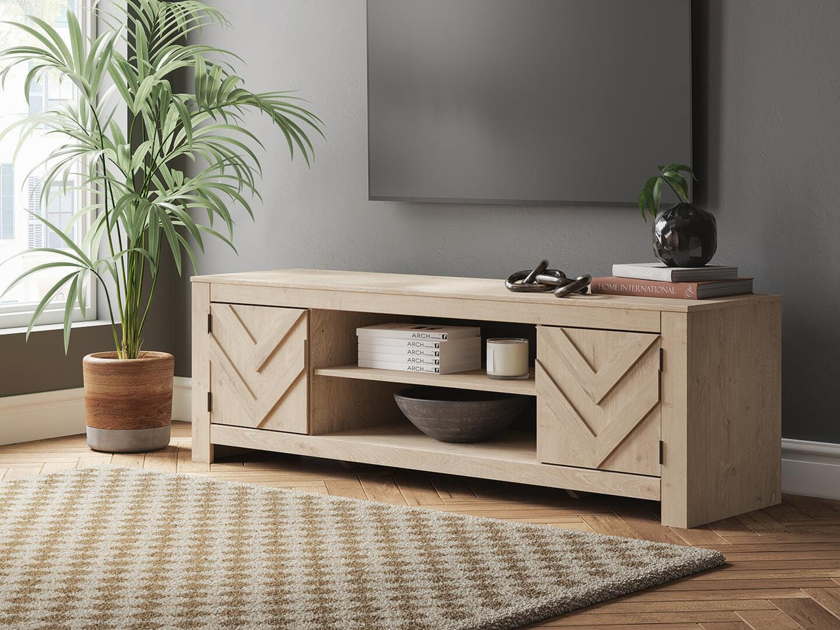 Cayboni 71" TV Stand in Tan, lifestyle view