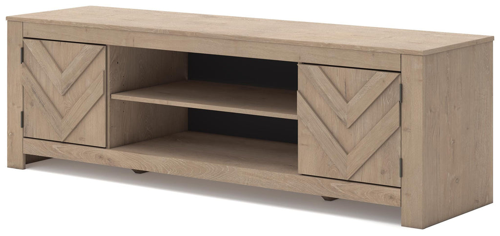 Cayboni 71" TV Stand in Tan, angle view