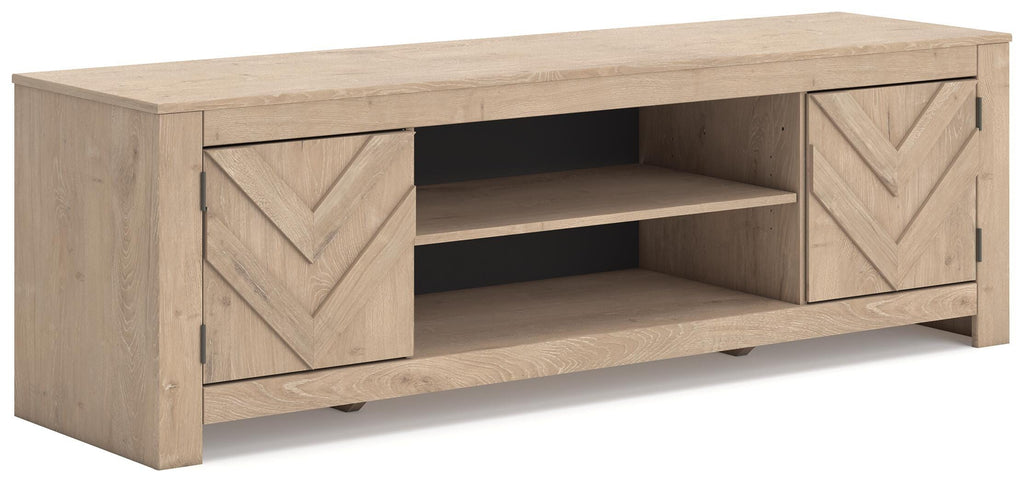 Cayboni 71" TV Stand in Tan, angle view