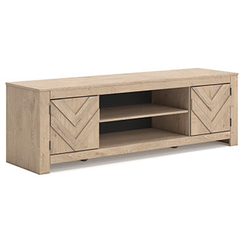 Cayboni 71" TV Stand in Tan, angle view