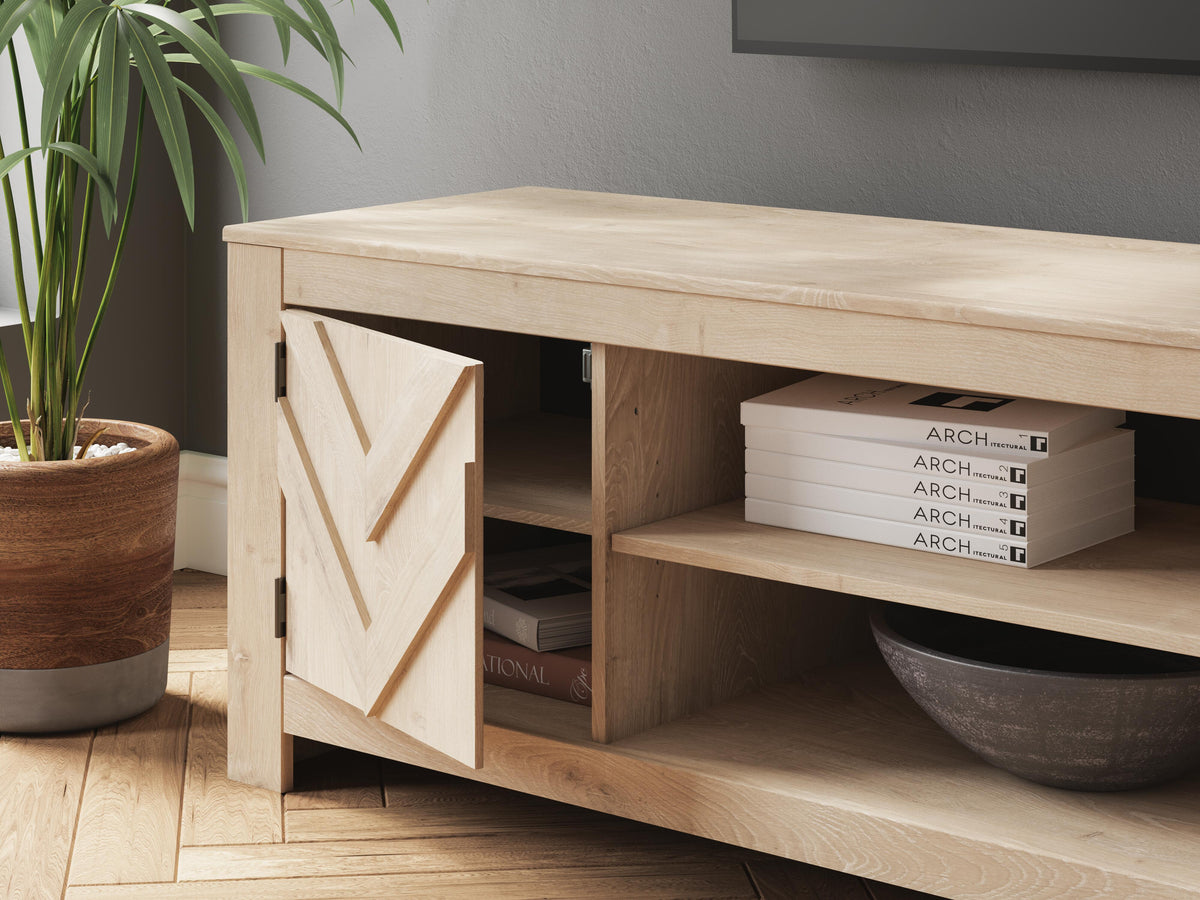 Cayboni 71" TV Stand in Tan, detail view