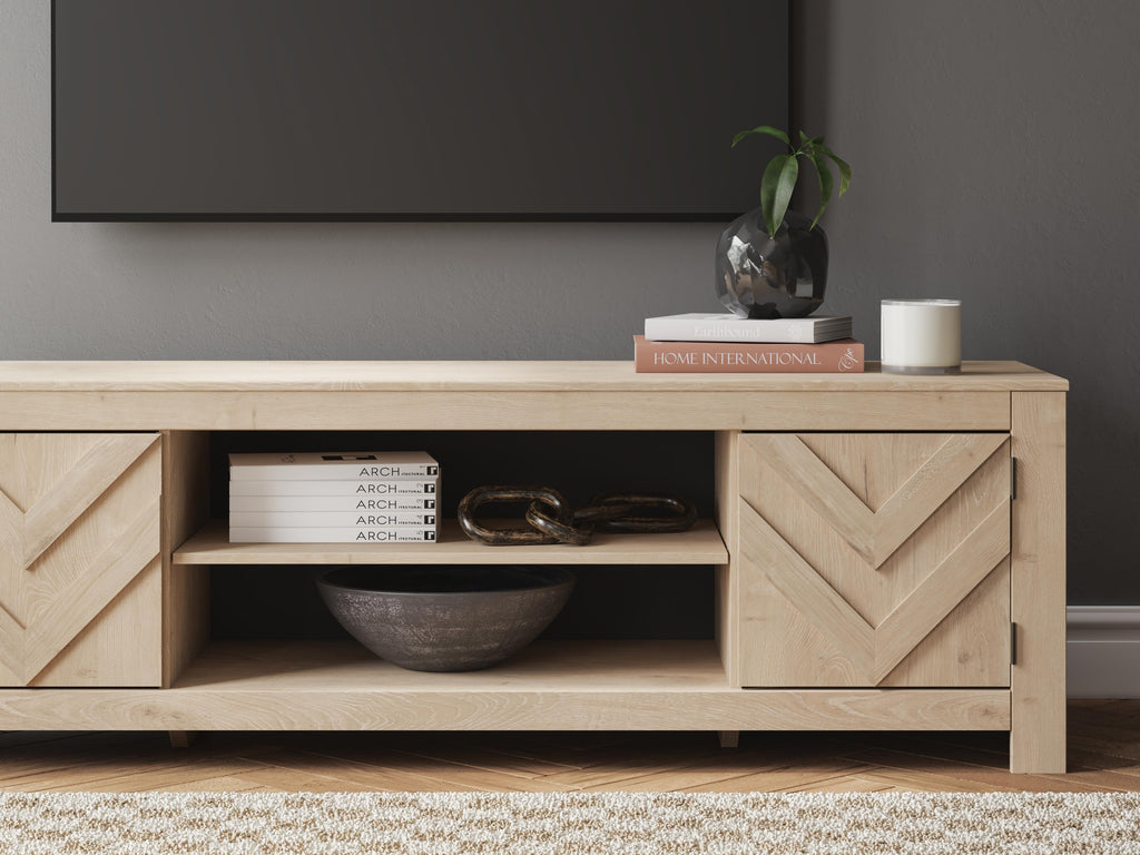 Cayboni 71" TV Stand in Tan, lifestyle view