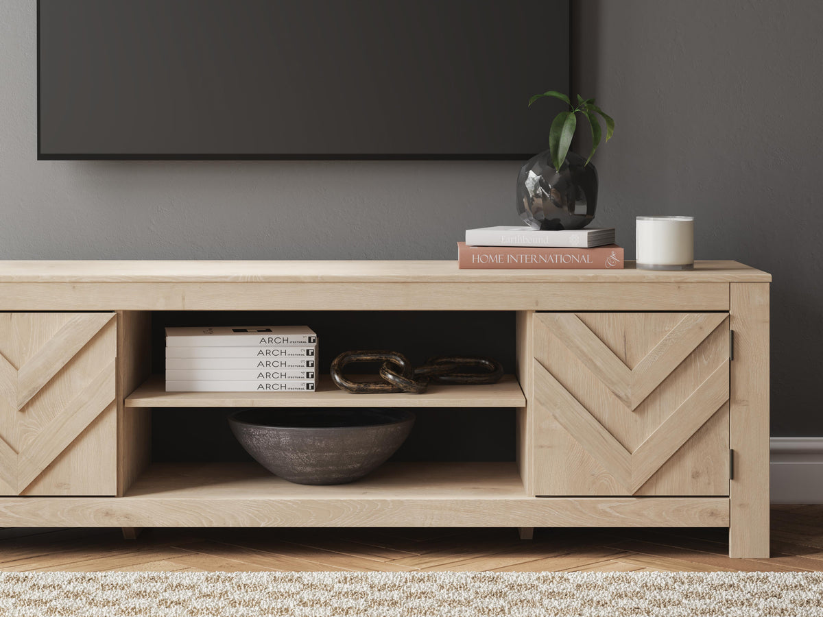 Cayboni 71" TV Stand in Tan, lifestyle view
