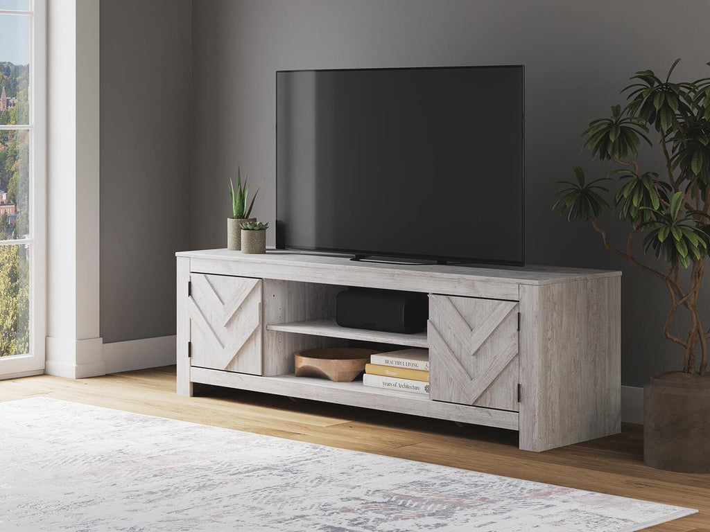 Cayboni 71" TV Stand in Whitewash, lifestyle view