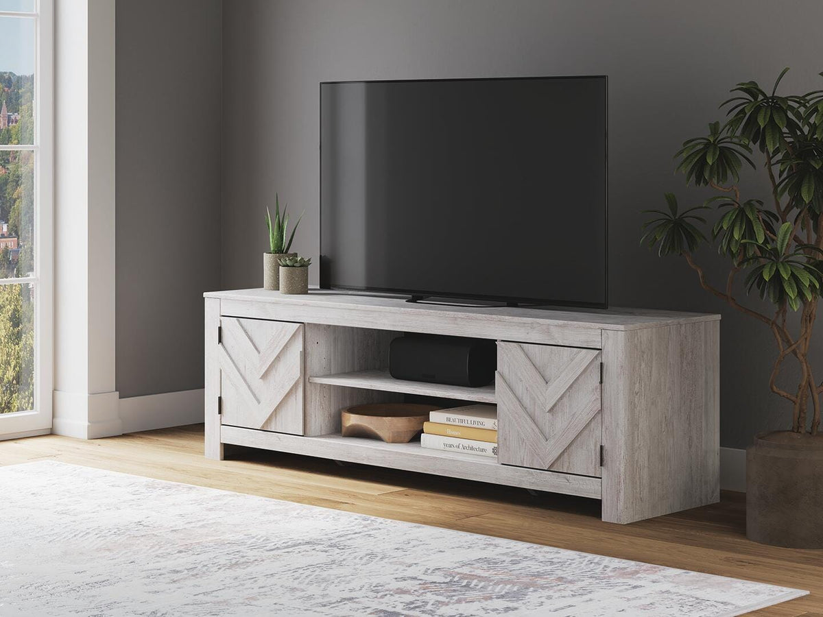 Cayboni 71" TV Stand in Whitewash, lifestyle view