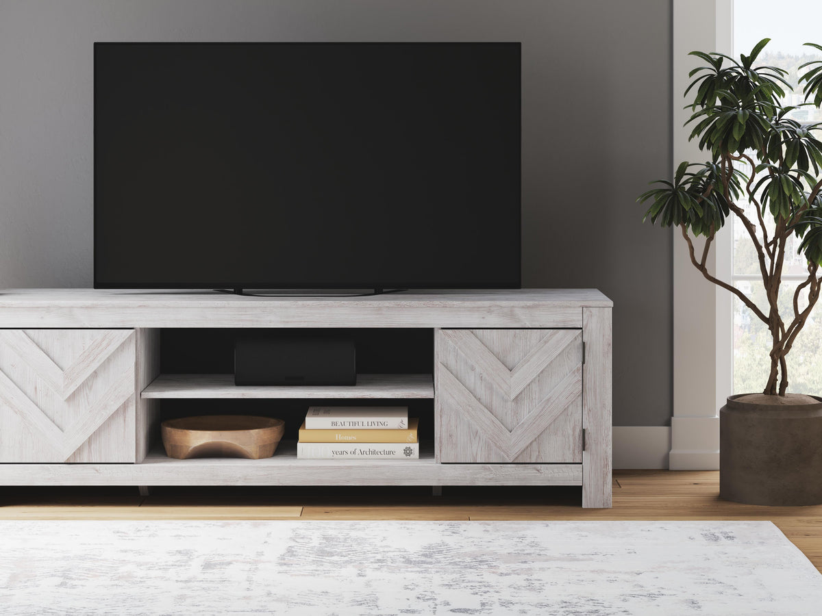 Cayboni 71" TV Stand in Whitewash, lifestyle view