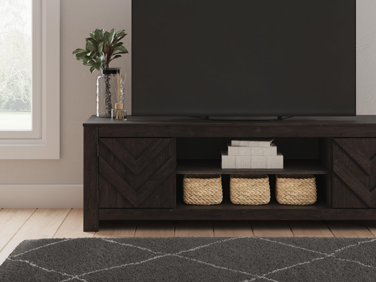 Cayboni 71" TV Stand in Black, lifestyle view