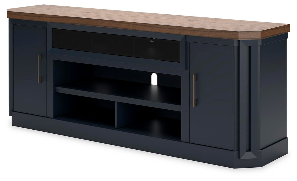 Landocken 83" TV Stand in Brown/Blue, angle view