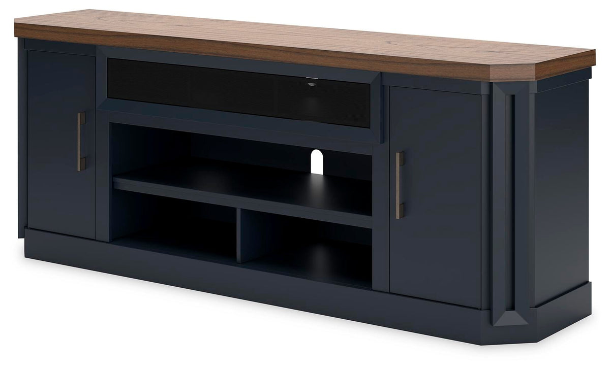 Landocken 83" TV Stand in Brown/Blue, angle view