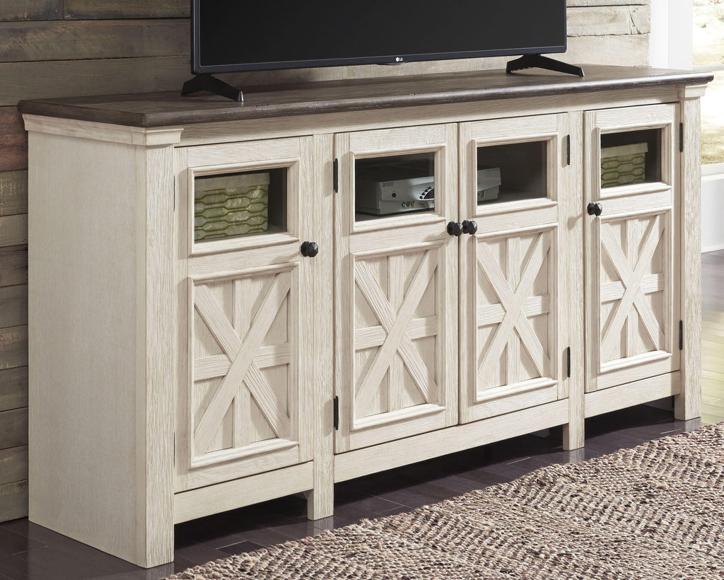 Bolanburg 74" TV Stand in White/Weathered Gray, lifestyle view