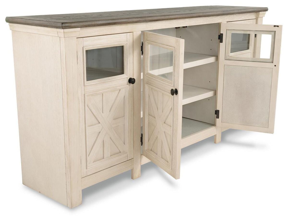 Bolanburg 74" TV Stand in White/Weathered Gray, open view
