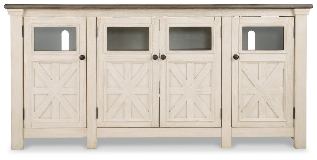 Bolanburg 74" TV Stand in White/Weathered Gray, front view