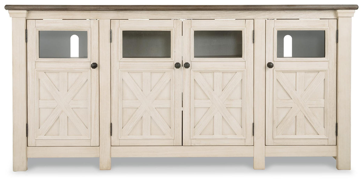 Bolanburg 74" TV Stand in White/Weathered Gray, front view