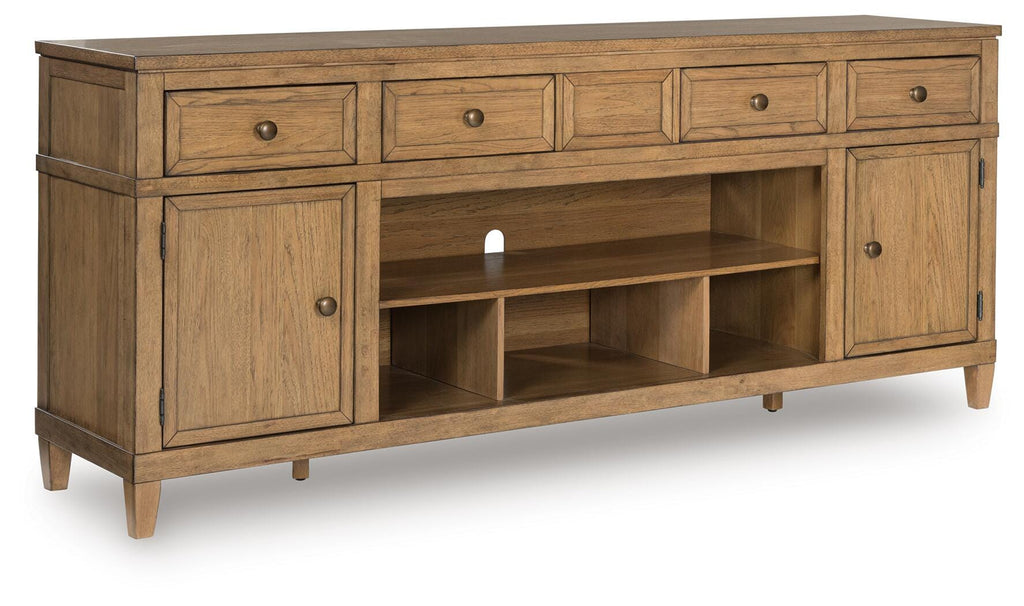 Sharlance 81" TV Stand in Light Brown, closed view