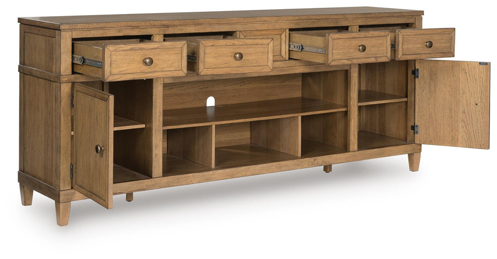 Sharlance 81" TV Stand in Light Brown, open view