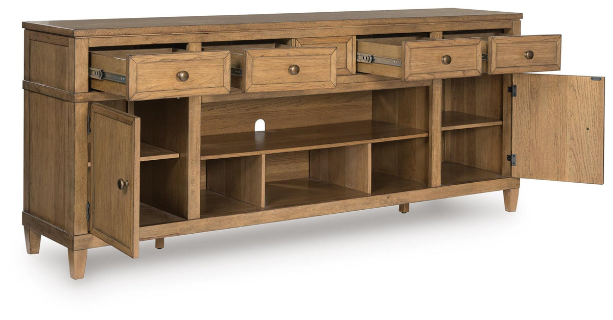 Sharlance 81" TV Stand in Light Brown, open view