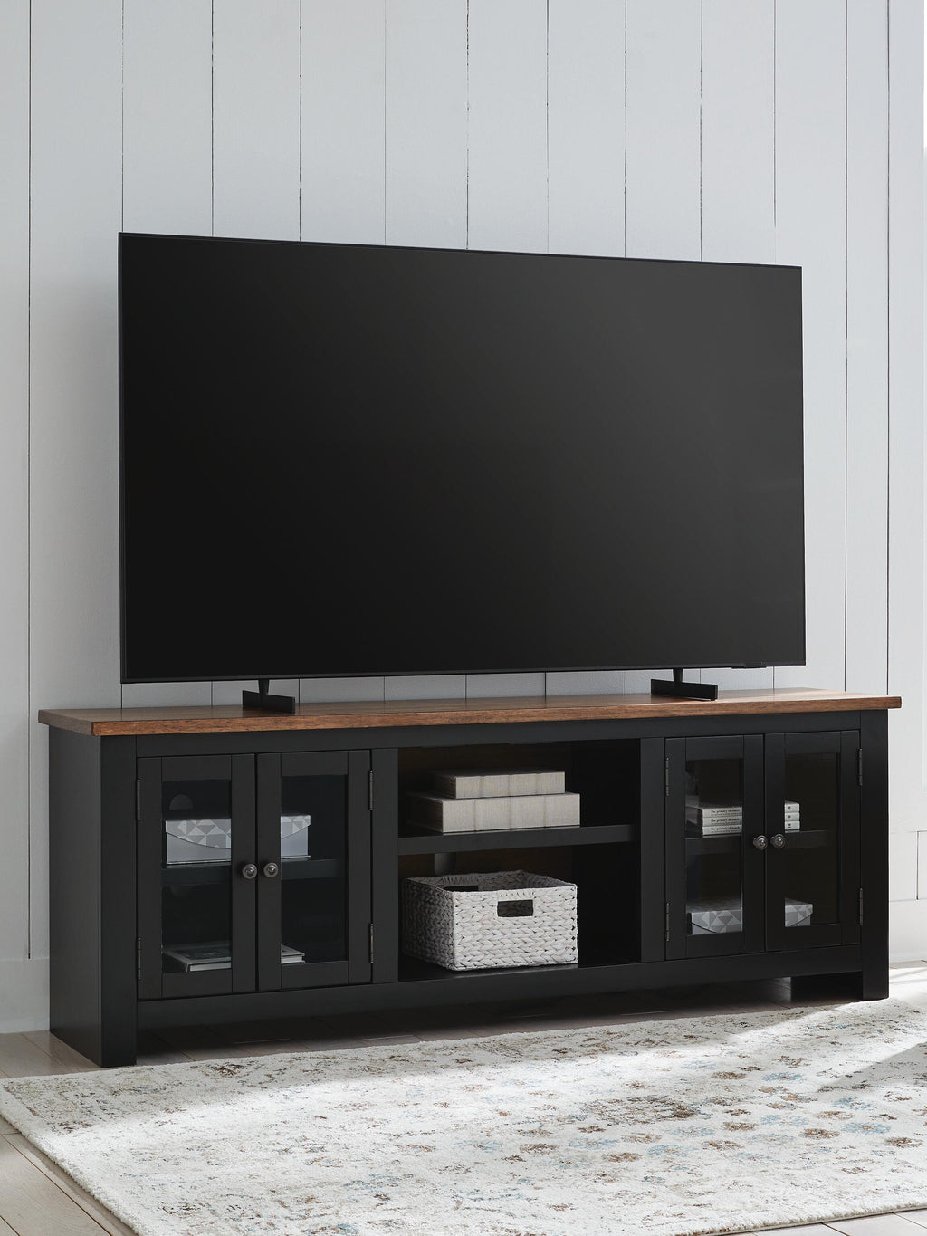 Wildenauer 76" TV Stand in Brown/Black, lifestyle view
