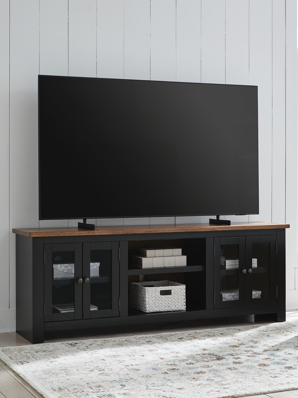 Wildenauer 76" TV Stand in Brown/Black, lifestyle view